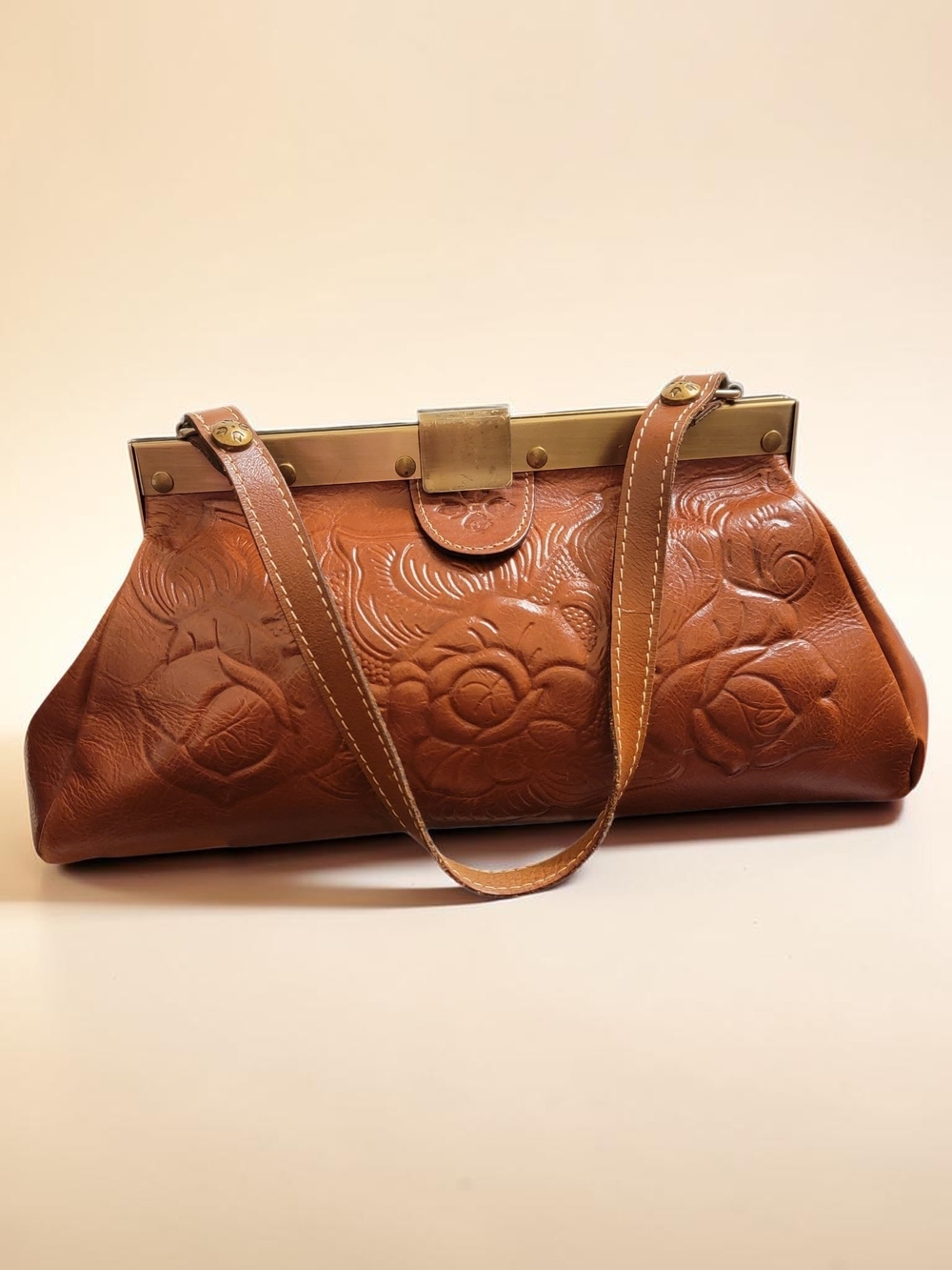 Patricia Nash Beautiful Embossed Brown Leather Shoulder Bag with Brass Frame
